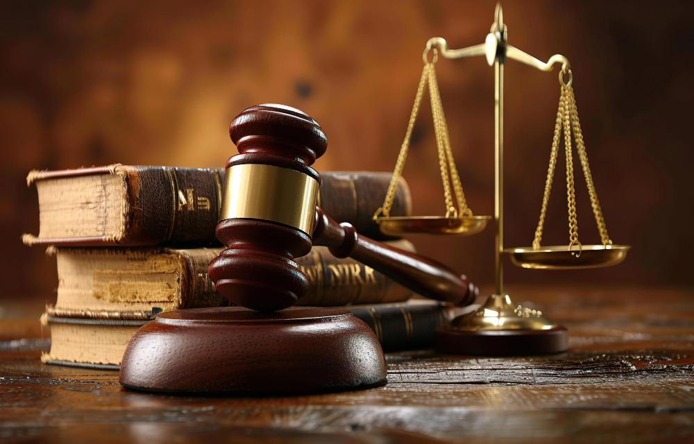 Scales of justice and a gavel beside legal books